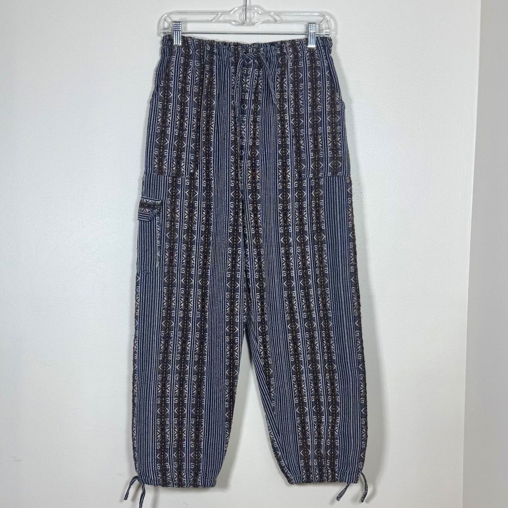 Boho Harem Pants Women M Blue Woven Cargo Drawstring Hippie Festival